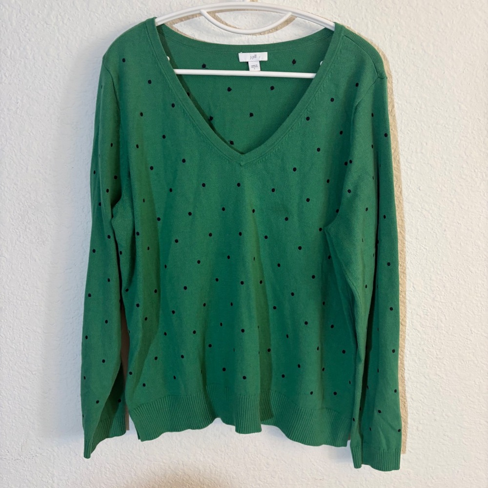 J. Jill V-Neck Pullover Sweater Women Large Green Polka Dot